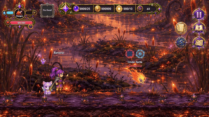 Reverie and Star Kitten facing a Cinder Sprite in Adventure combat
