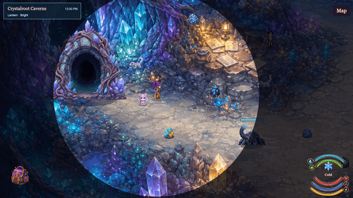 Current gameplay capture of Reverie exploring Crystalroot Caverns by lantern light