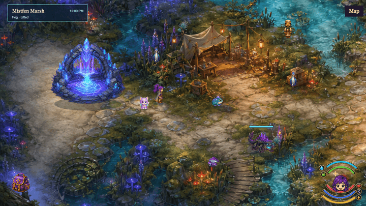 Current gameplay capture of Reverie and Star Kitten exploring Mistfen Marsh near a glowing portal